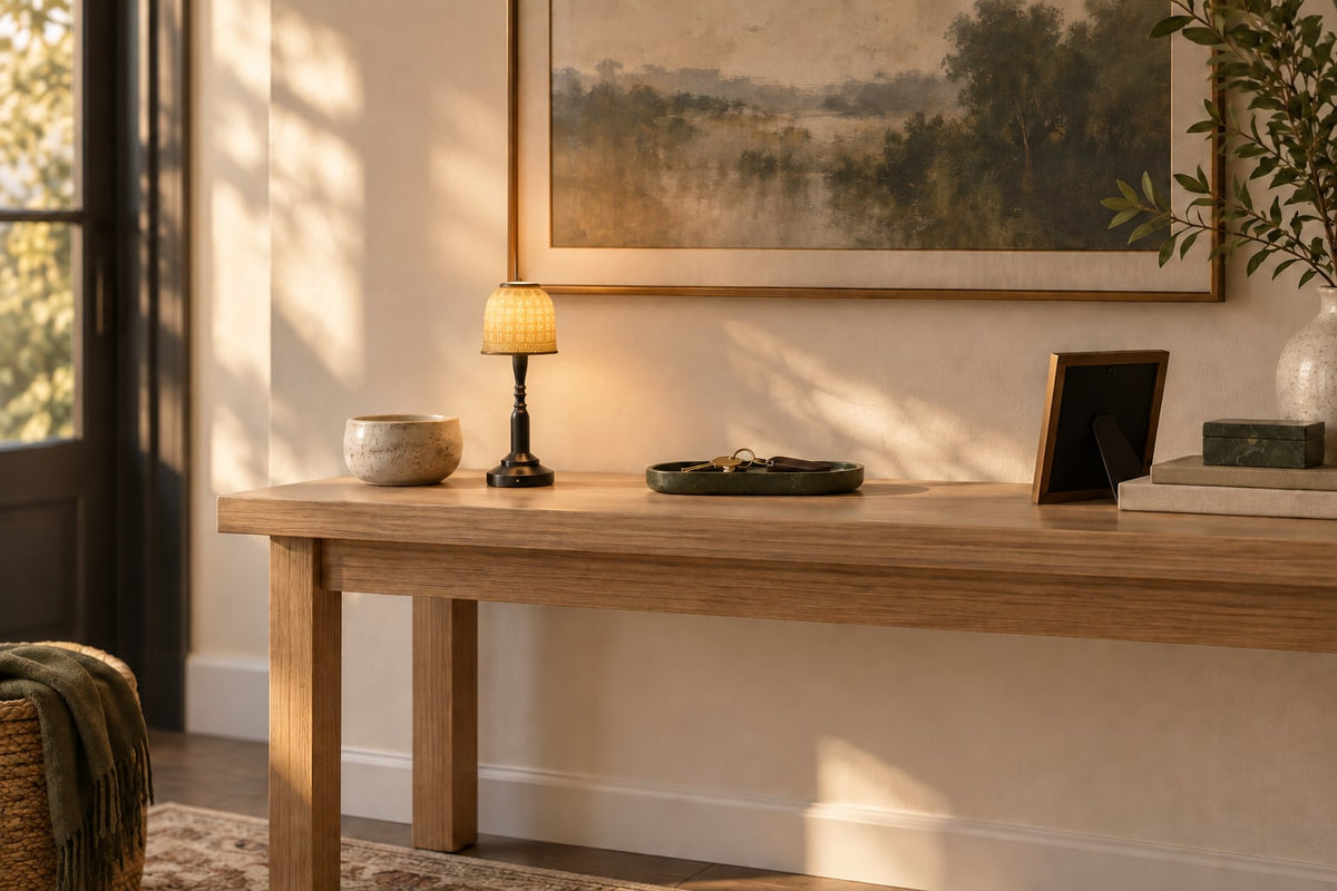 AI styling illustration of a small ceramic accent lamp on an oak console with a key tray and picture frame.