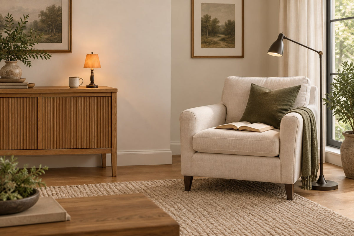 AI illustration of a small pleated accent lamp on a console beside a separate chair and floor reading lamp.