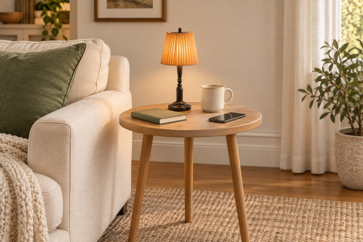 AI styling illustration of a small pleated lamp on a round oak side table beside a sofa, with a mug, book, and phone.