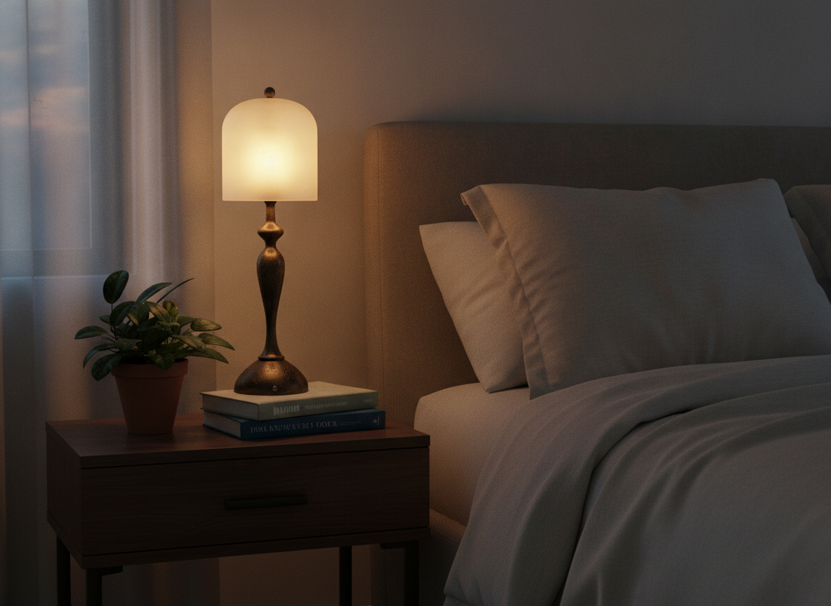 Aura Spirit Cordless Alabaster Table Lamp glowing warmly on a dark wood nightstand next to a book and small plant.