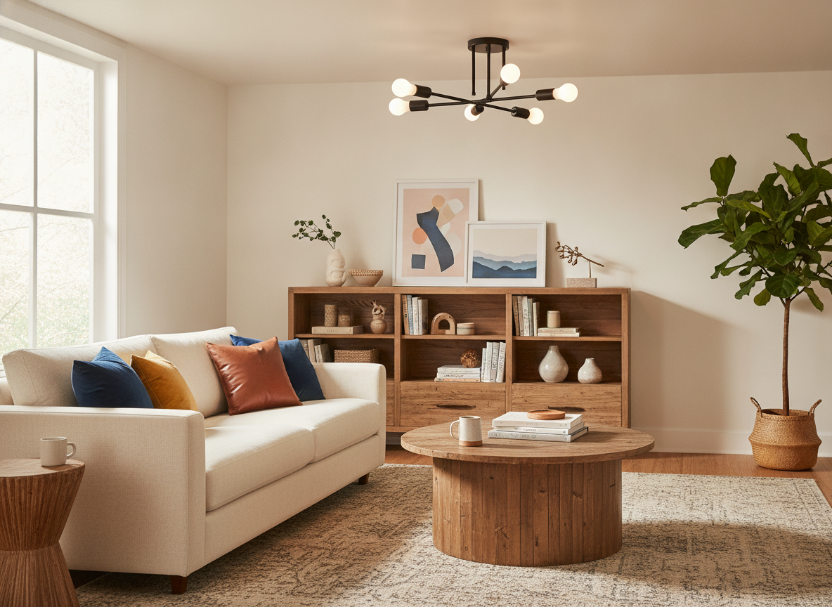 A living room with an eight-foot ceiling featuring a black 6-Light Sputnik Semi Flush Ceiling Light over a seating area.