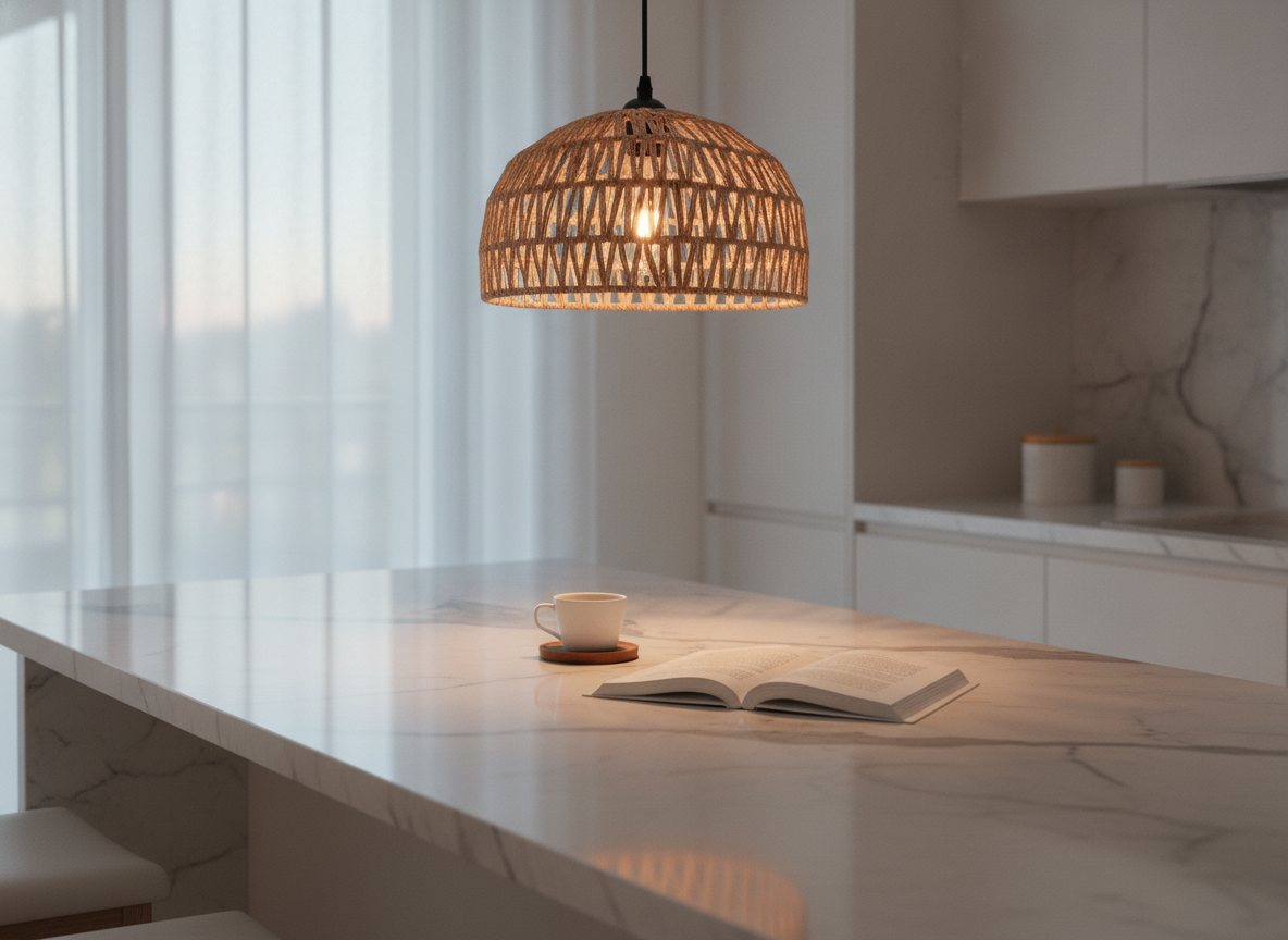 Three black geometric wire-cage pendant lights hanging above a marble kitchen island in a bright kitchen.