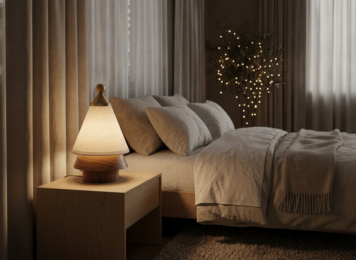 The Nordic Pine Minimalist Ambient Lamp glowing softly on a bedroom dresser at twilight.