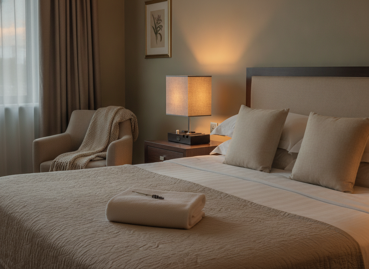 Modern USB table lamp glowing warmly on a wooden nightstand in a cozy, well-appointed guest bedroom at dusk.
