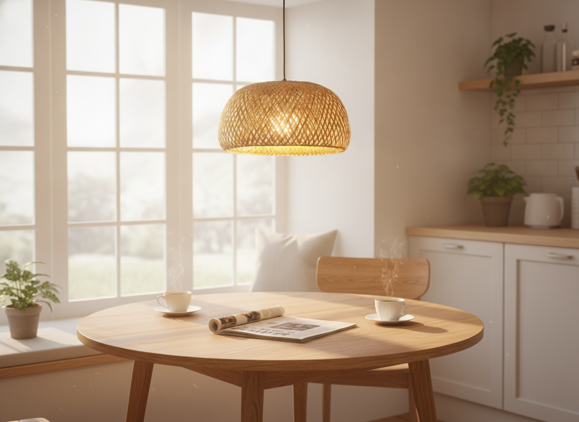 A cozy breakfast nook featuring a round wooden table, illuminated by the KYOEON 12-Inch Double-Layer Bamboo Pendant Light.