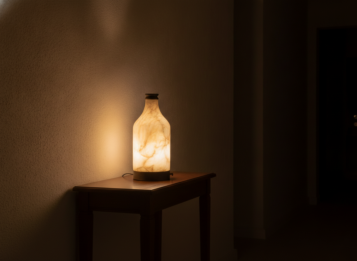 Admire Cordless Alabaster Accent Table Lamp sitting on a wooden console table in a warm, dimly lit hallway at night.