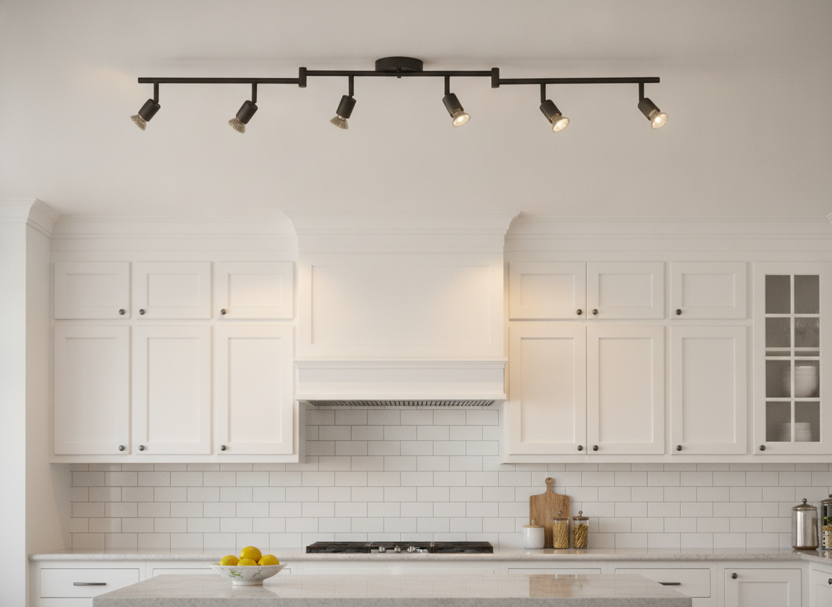 A low-ceiling kitchen illuminated by a matte black 6-light adjustable ceiling spotlight, bouncing warm light off the cabinetry.