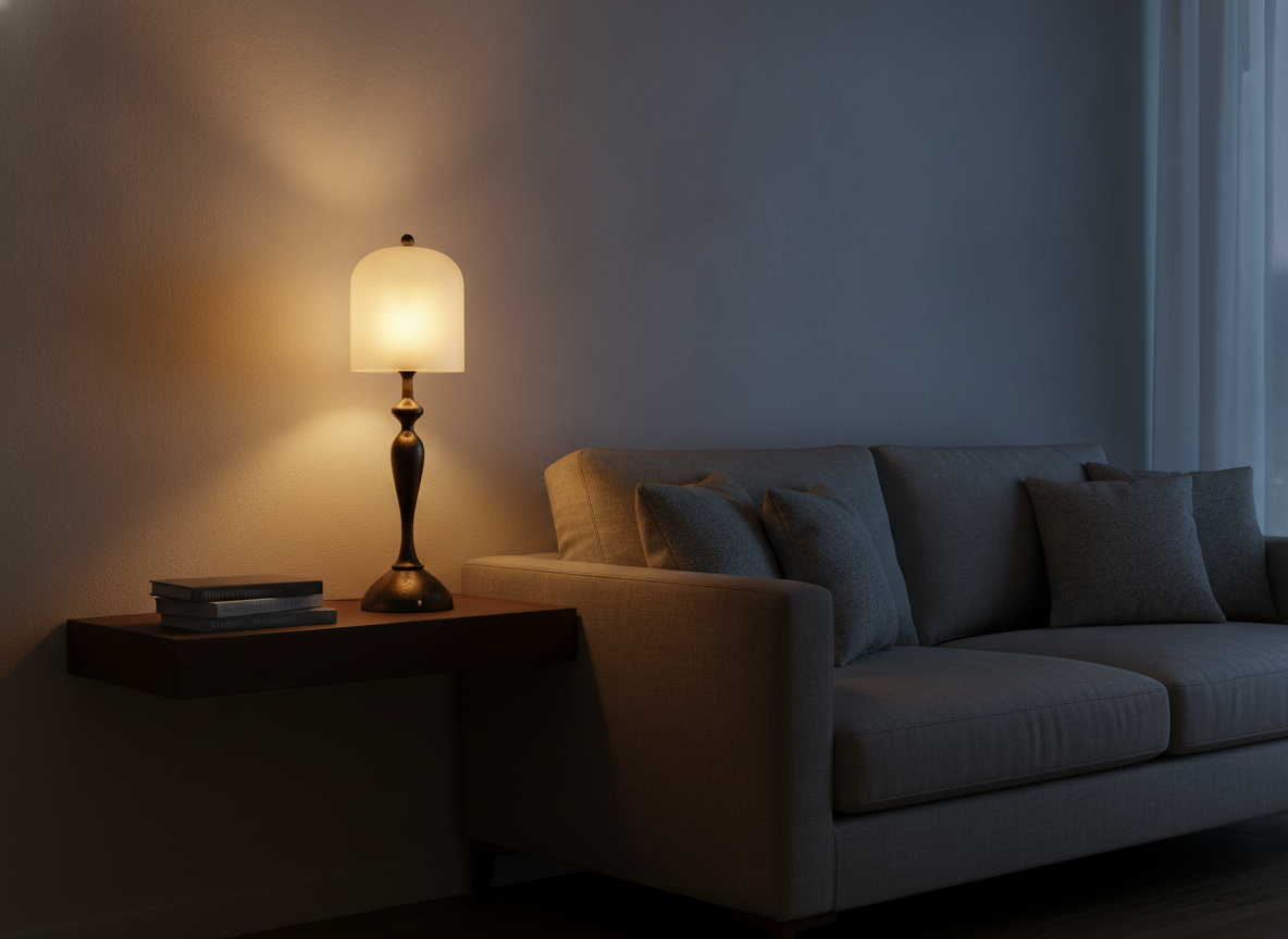 Aura Spirit Cordless Natural Alabaster Table Lamp glowing warmly on a bookshelf in a dusky living room.