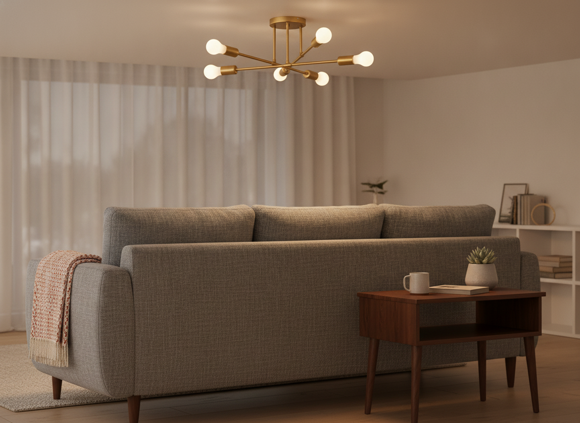 A gold sputnik semi-flush ceiling light illuminating a cozy living room with low ceilings.