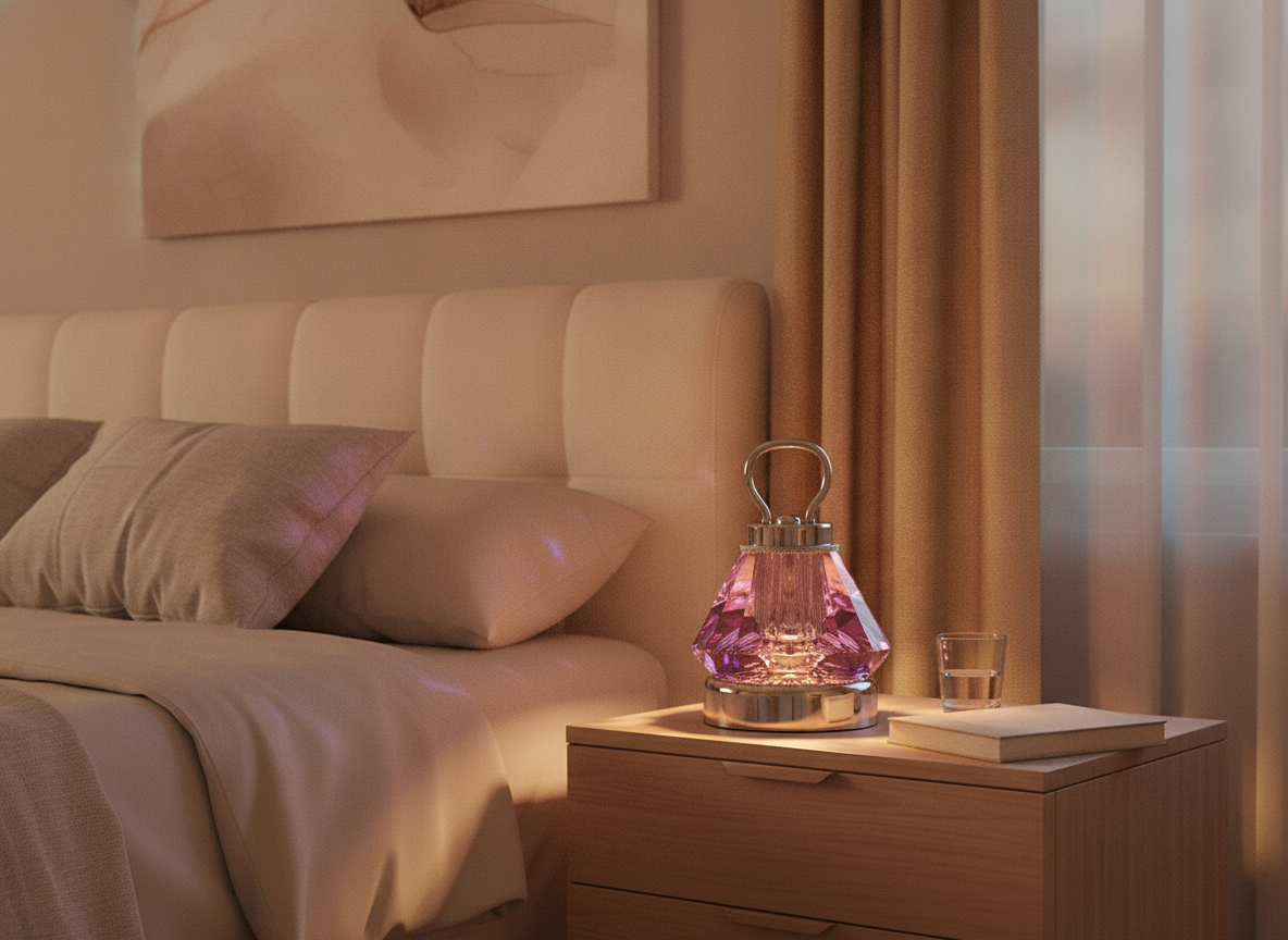 The Amethyst Purple Faceted Crystal Ambient Lamp glowing softly on a narrow bedroom nightstand next to a low bed.