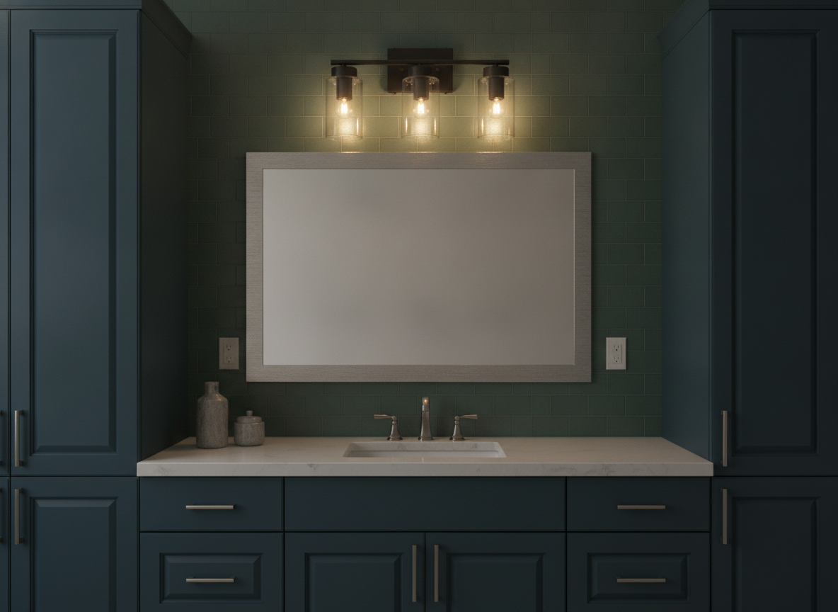 A warm, softly lit windowless bathroom featuring a large mirror, dark cabinetry, and the 3-Light Glass Bathroom Vanity Light.