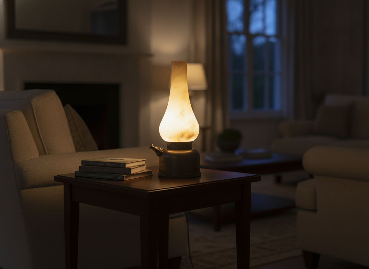 The Luminous Cordless Alabaster Stone Table Lamp glows warmly on a side table next to an armchair, creating a cozy accent light in a living room.