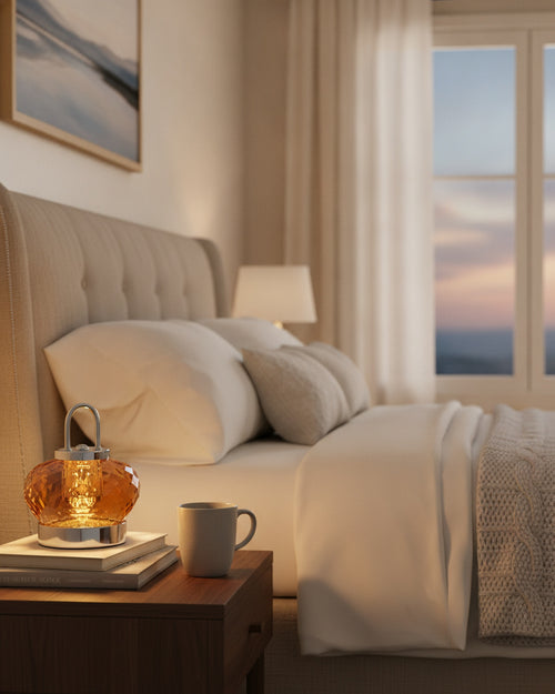 Amber faceted crystal night lamp glowing on a wooden nightstand in a warm bedroom