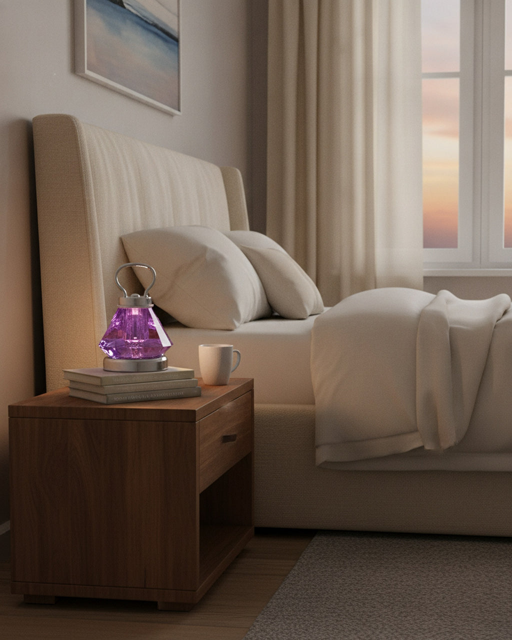 Purple faceted crystal night lamp glowing on a wooden nightstand in a warm bedroom