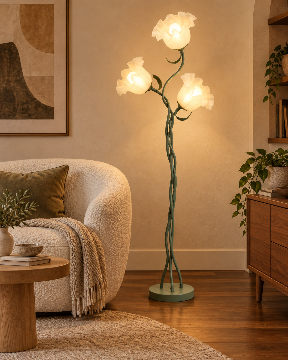 Three-flower floor lamp beside a boucle chair in a warm living room