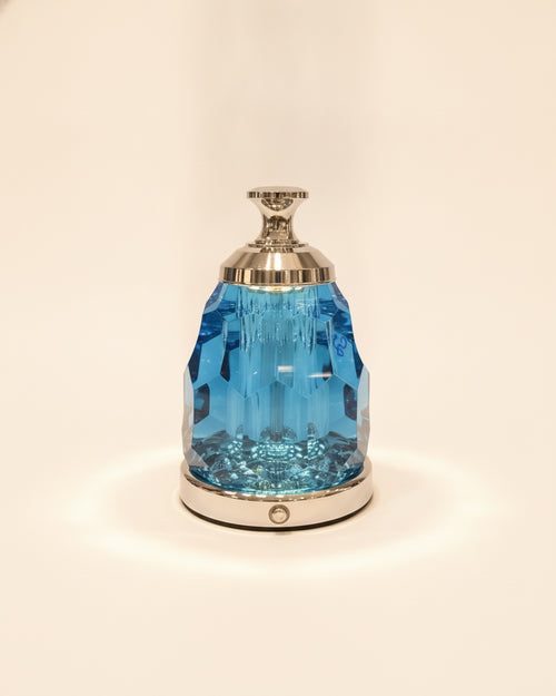 2601 blue faceted K9 crystal night lamp on a warm ivory background