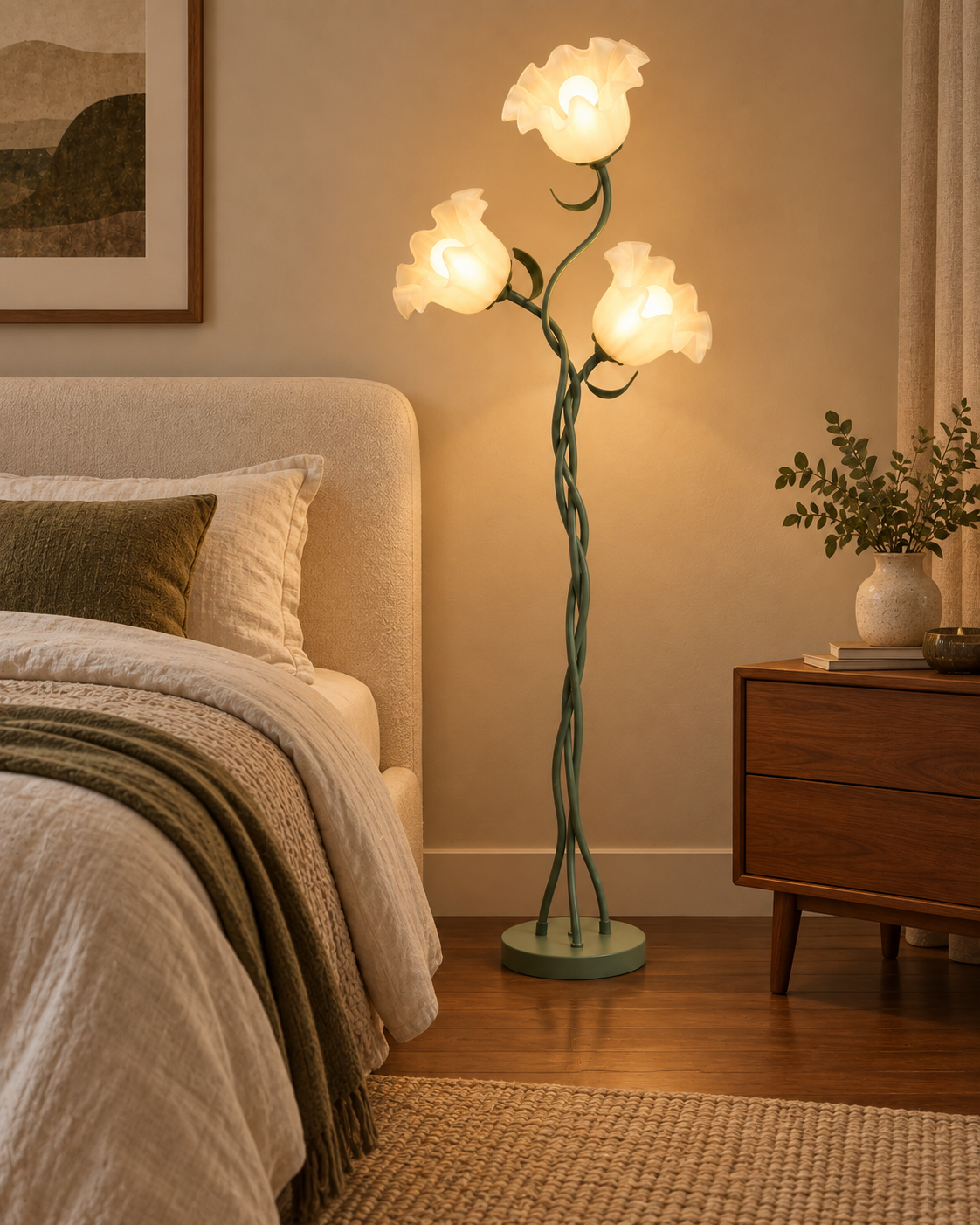Three-flower floor lamp beside a bed in a warm bedroom