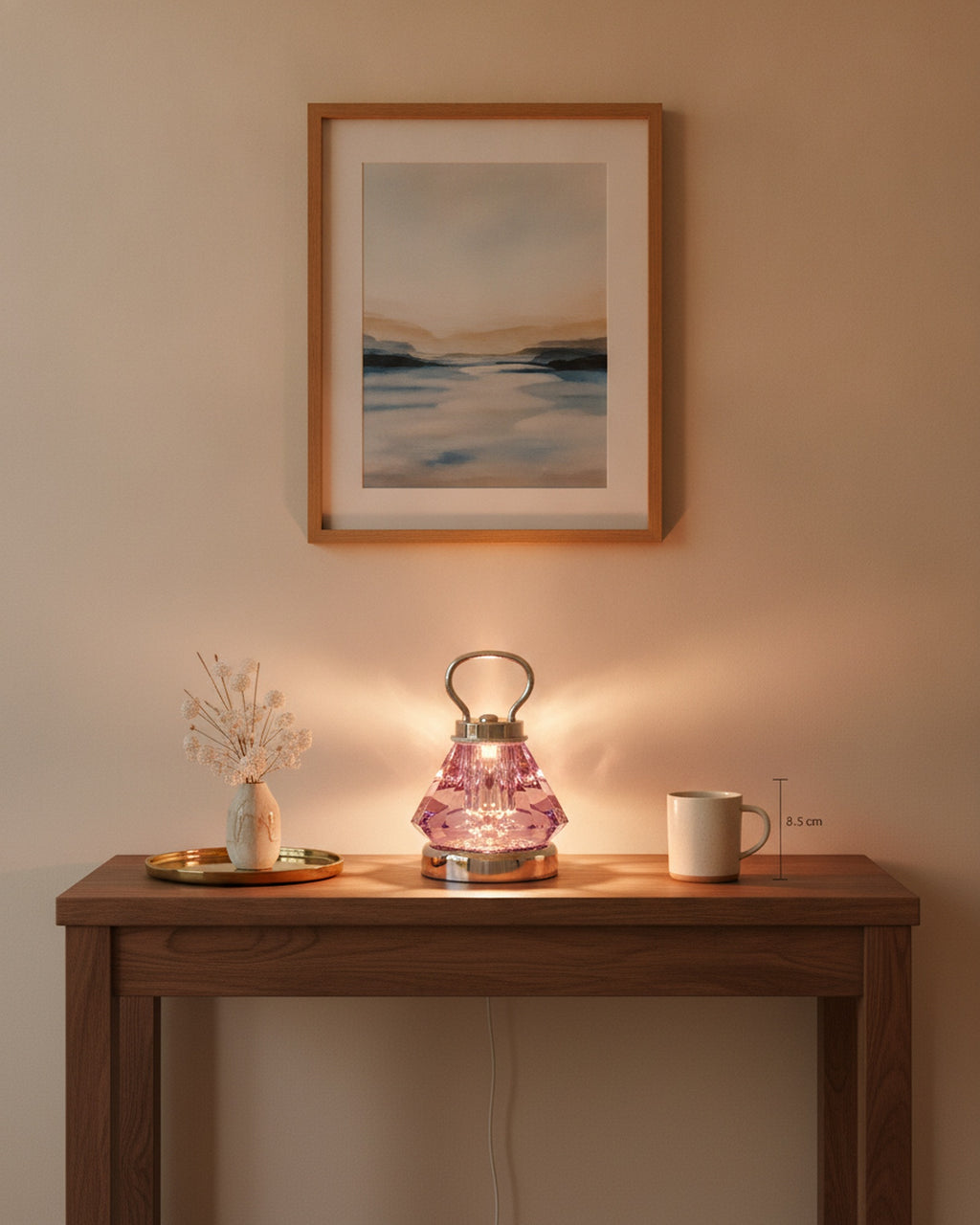 Purple crystal night lamp styled on a walnut entry console with a tray and vase