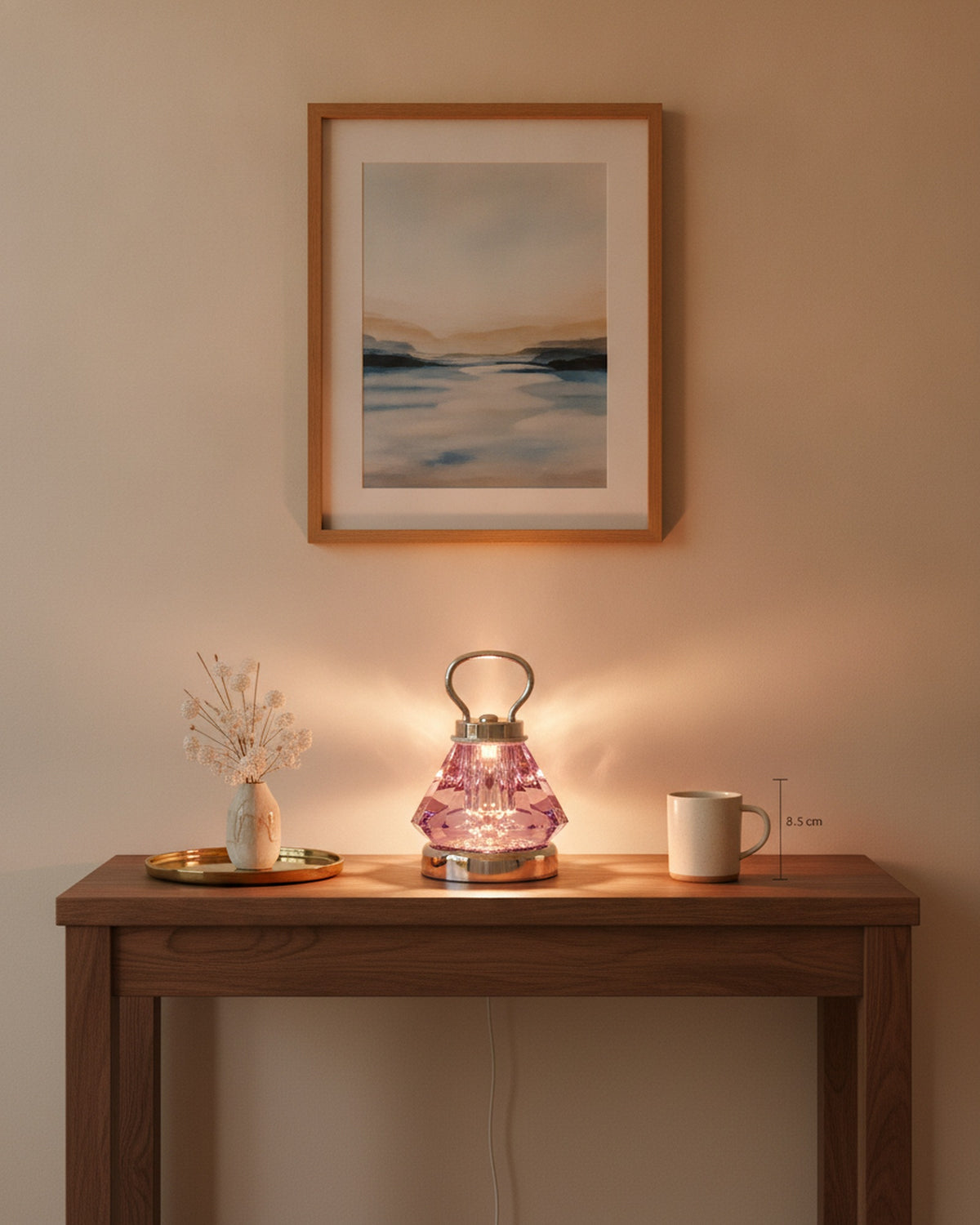 Purple crystal night lamp styled on a walnut entry console with a tray and vase