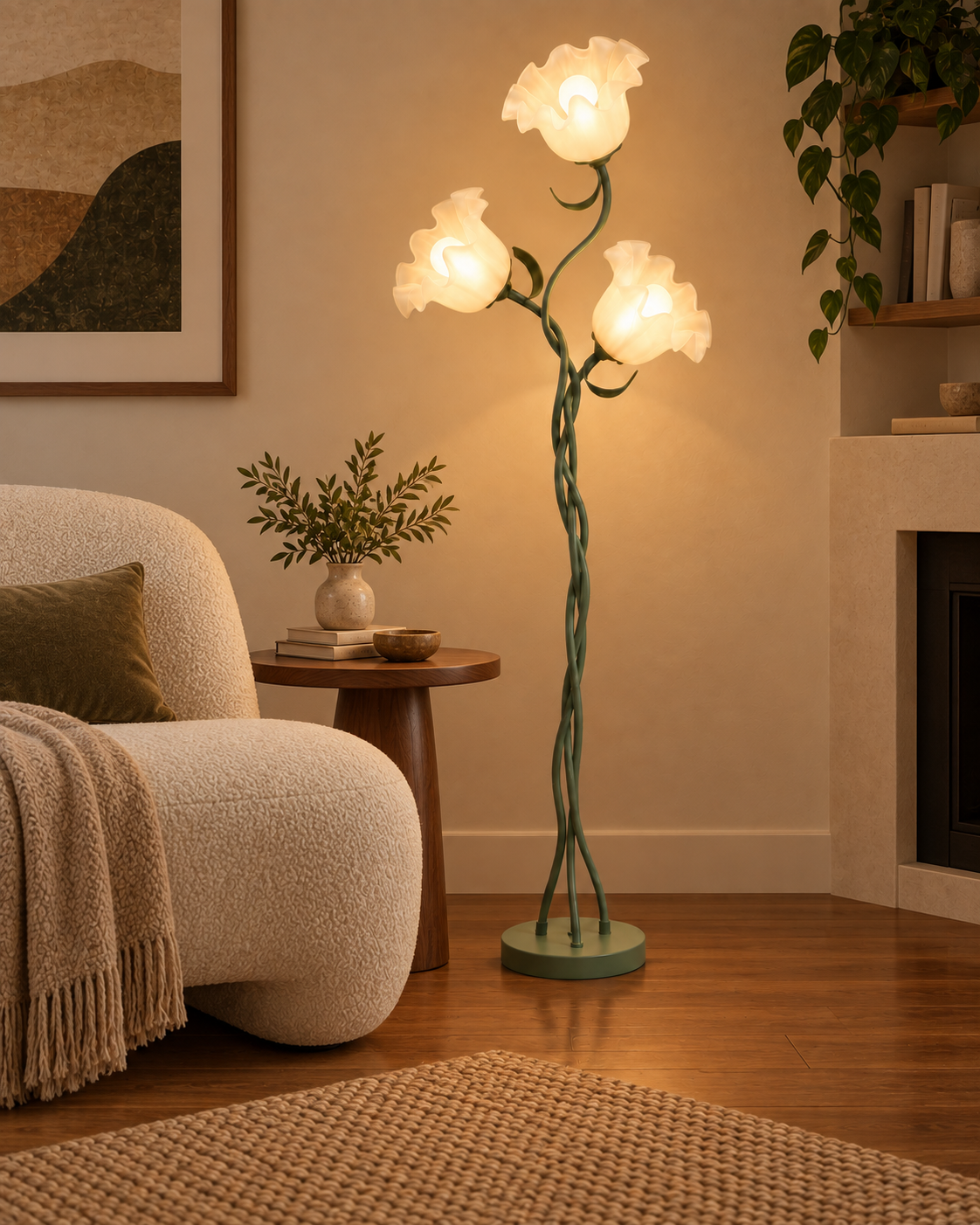 Three-flower floor lamp in a mid-century lounge corner