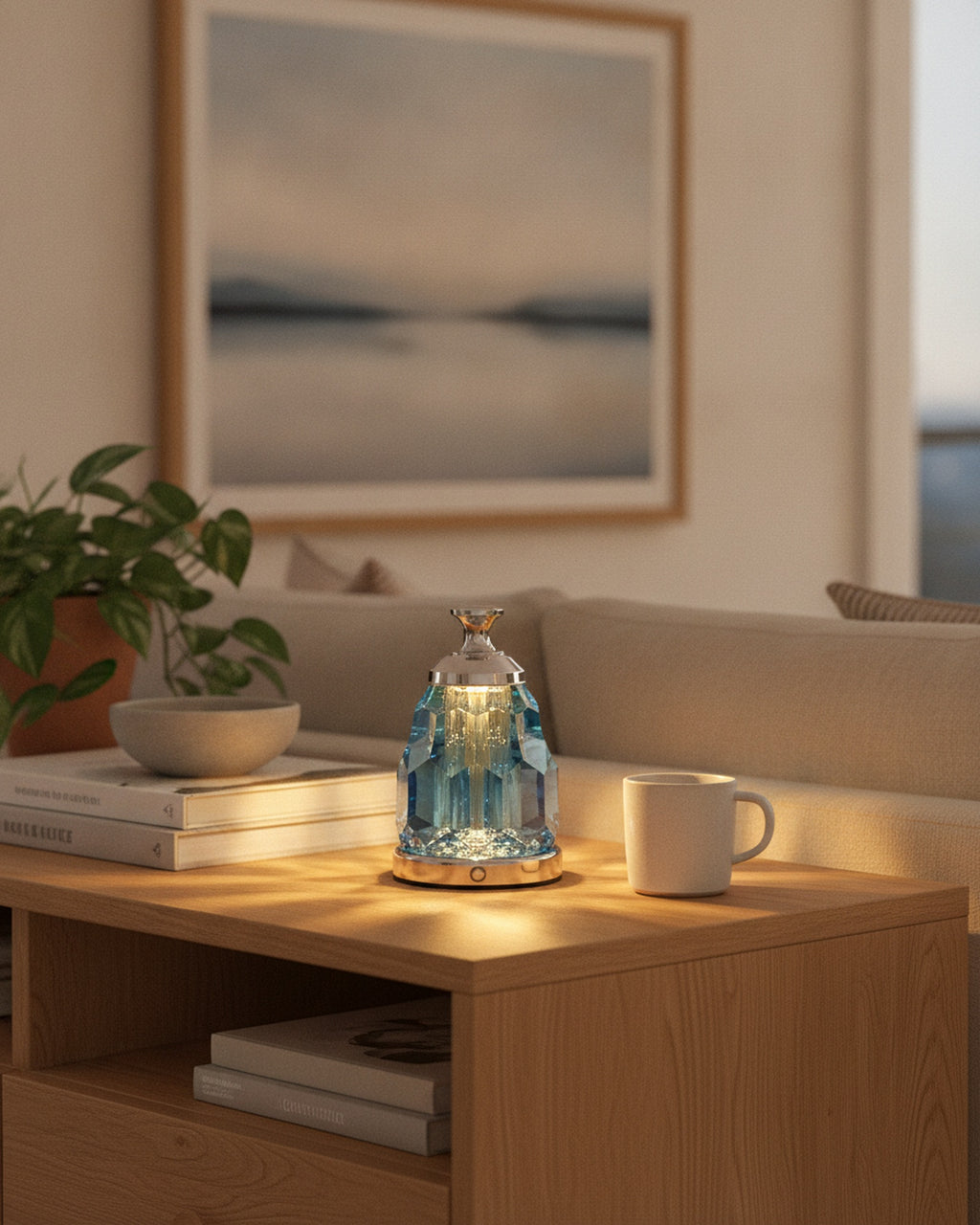 Blue faceted crystal accent lamp on an oak sideboard with art books