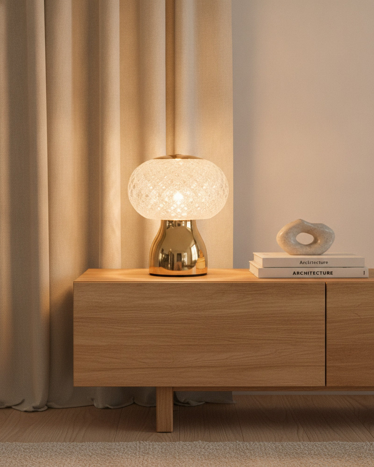 Brilliance crystal sphere lamp on an oak living room sideboard with design books