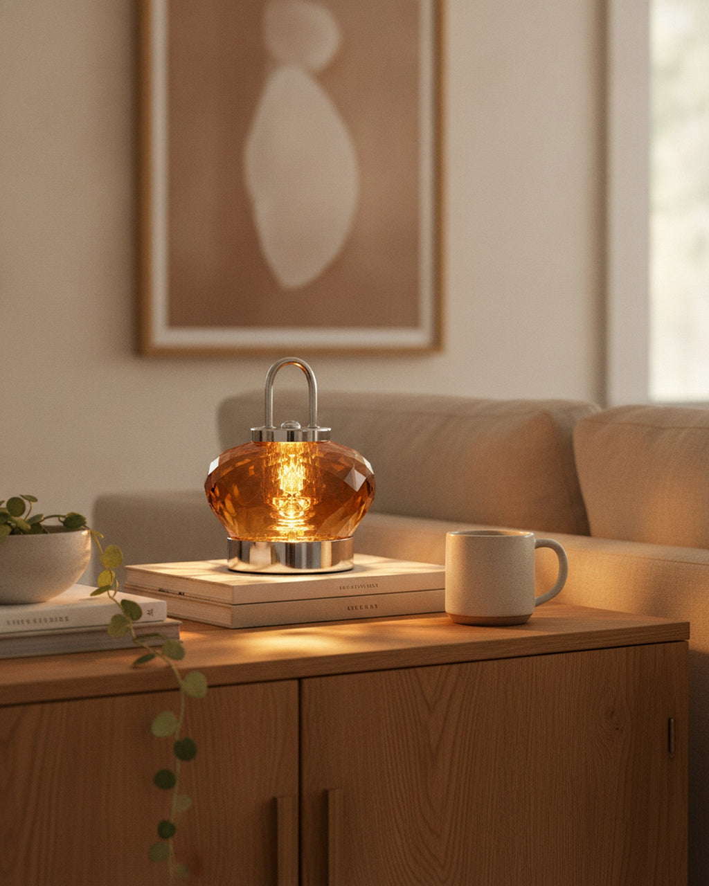 Amber faceted crystal lamp on an oak sideboard with art books