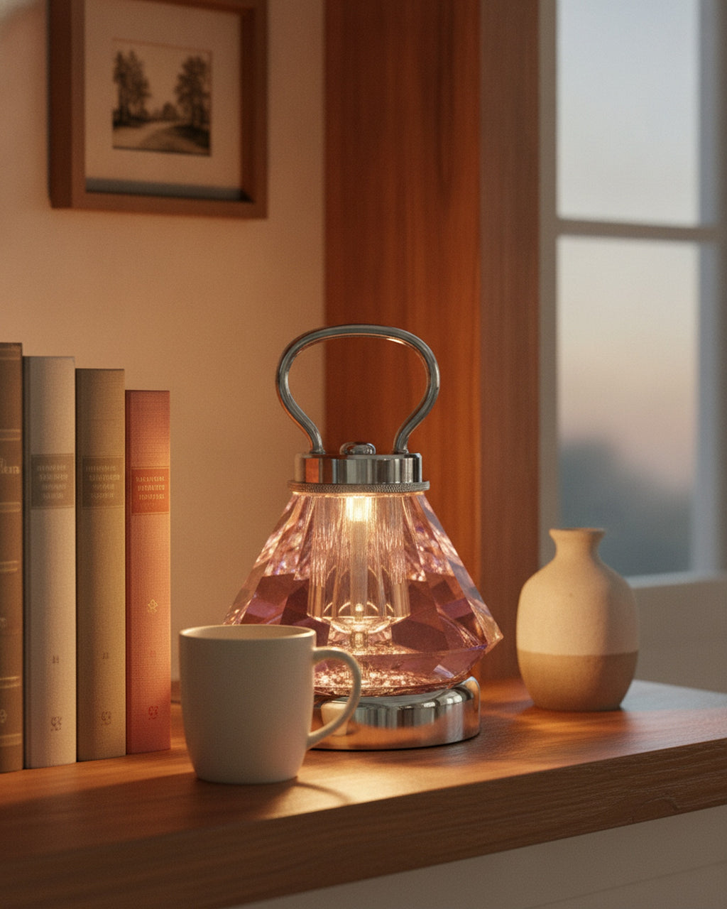 Purple crystal night lamp on a wooden bookshelf between books