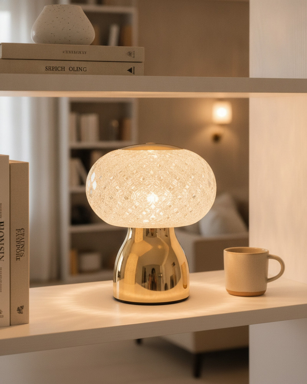 Brilliance crystal sphere ambient lamp glowing warmly on an open wooden bookshelf