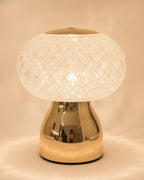 Close-up macro detail of the faceted optical K9 crystal dome and polished gold pedestal base