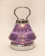 Close-up of the faceted purple K9 crystal body, polished chrome handle and collar