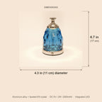 Dimensions of the 2601 blue crystal night lamp: 6.7 in (17 cm) high, 4.3 in (11 cm) in diameter
