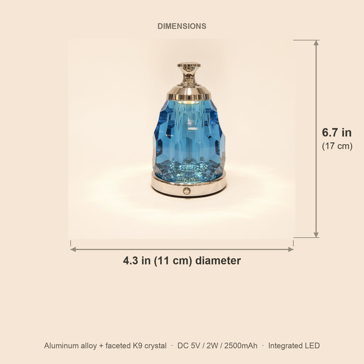 Dimensions of the 2601 blue crystal night lamp: 6.7 in (17 cm) high, 4.3 in (11 cm) in diameter