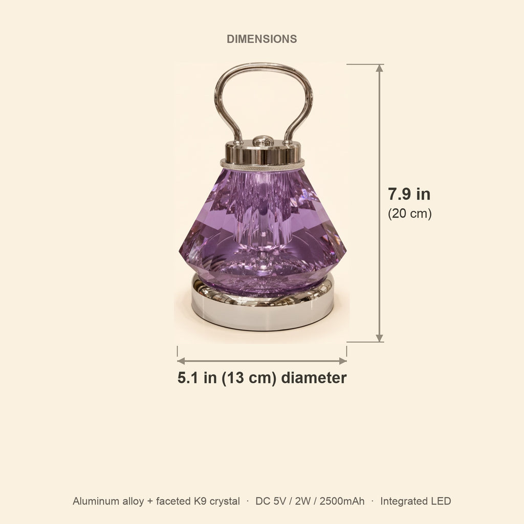 Dimensions of the 2658-L purple crystal night lamp: 7.9 in (20 cm) high, 5.1 in (13 cm) in diameter