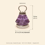 Dimensions of the 2658-L purple crystal night lamp: 7.9 in (20 cm) high, 5.1 in (13 cm) in diameter