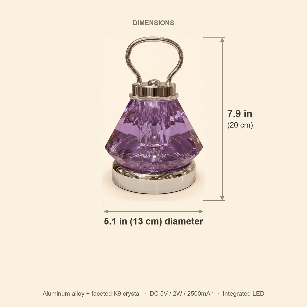 Dimensions of the 2658-L purple crystal night lamp: 7.9 in (20 cm) high, 5.1 in (13 cm) in diameter