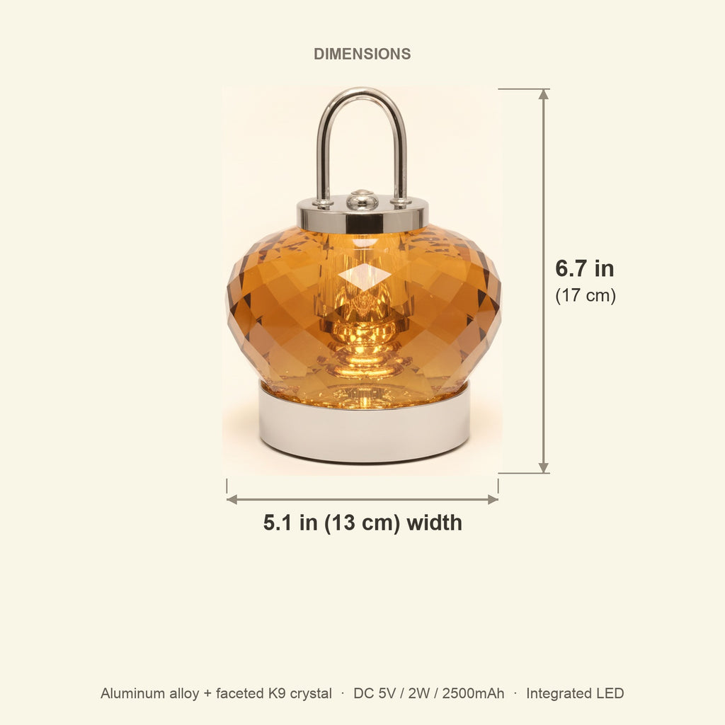 Dimensions of the 2555 amber crystal night lamp: 6.7 in (17 cm) high, 5.1 in (13 cm) wide