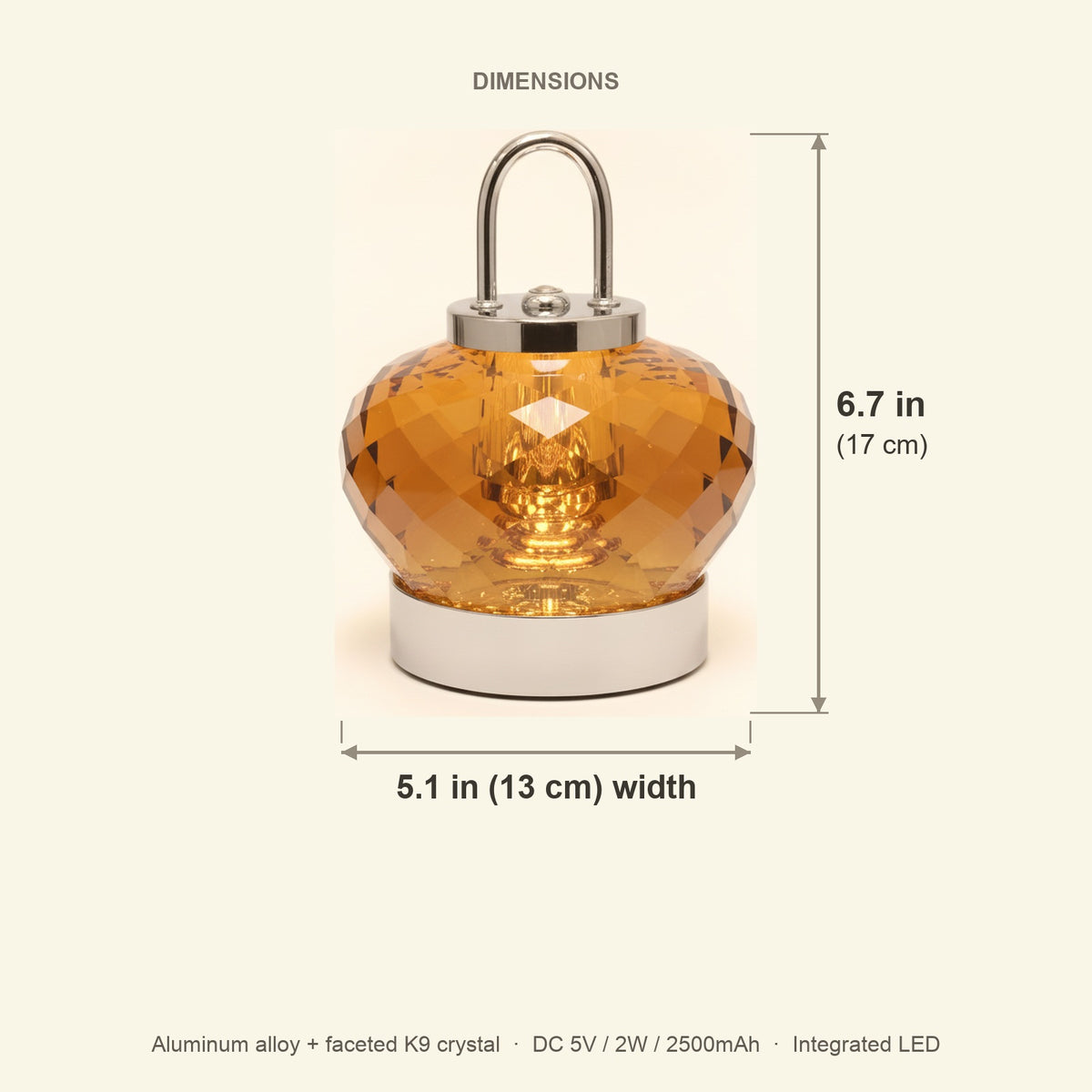 Dimensions of the 2555 amber crystal night lamp: 6.7 in (17 cm) high, 5.1 in (13 cm) wide
