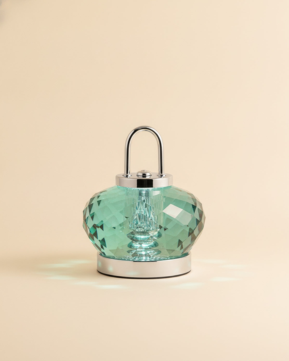 2555 Emerald Green Faceted Crystal Night Lamp with Handle on warm ivory backdrop