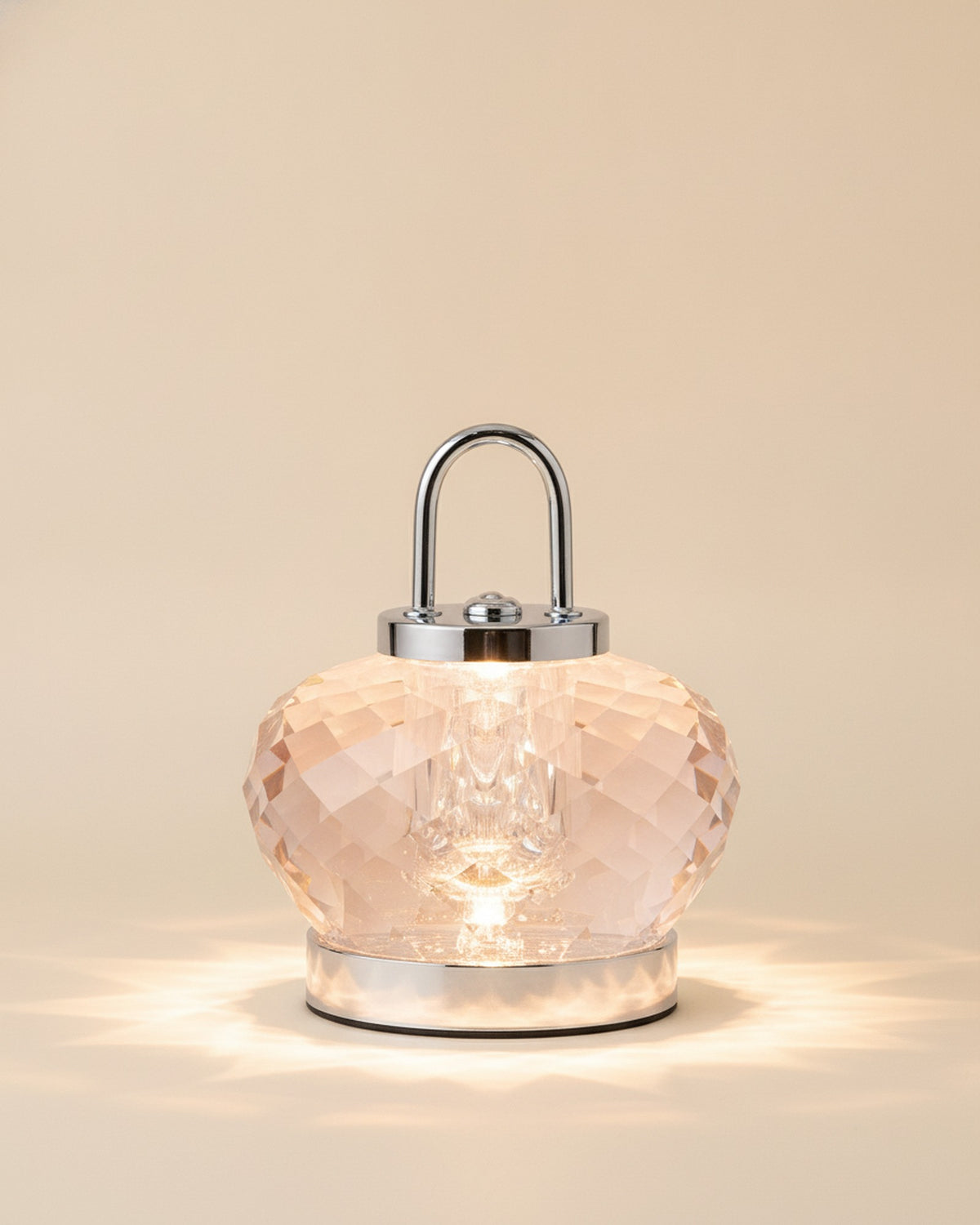 2555 Blush Pink Faceted Crystal Night Lamp with Handle on warm ivory backdrop