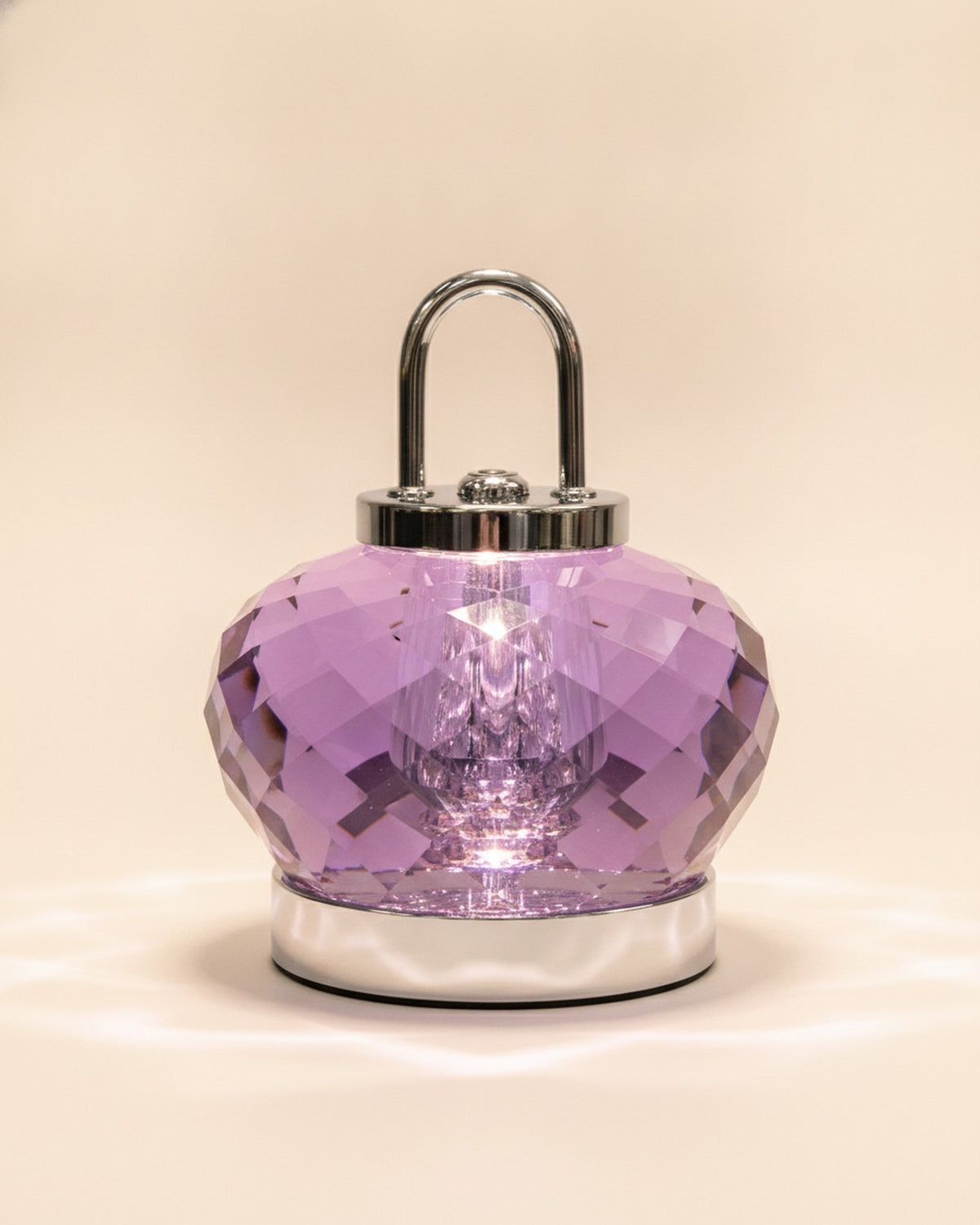 2555 Amethyst Purple Faceted Crystal Night Lamp with Handle on warm ivory backdrop