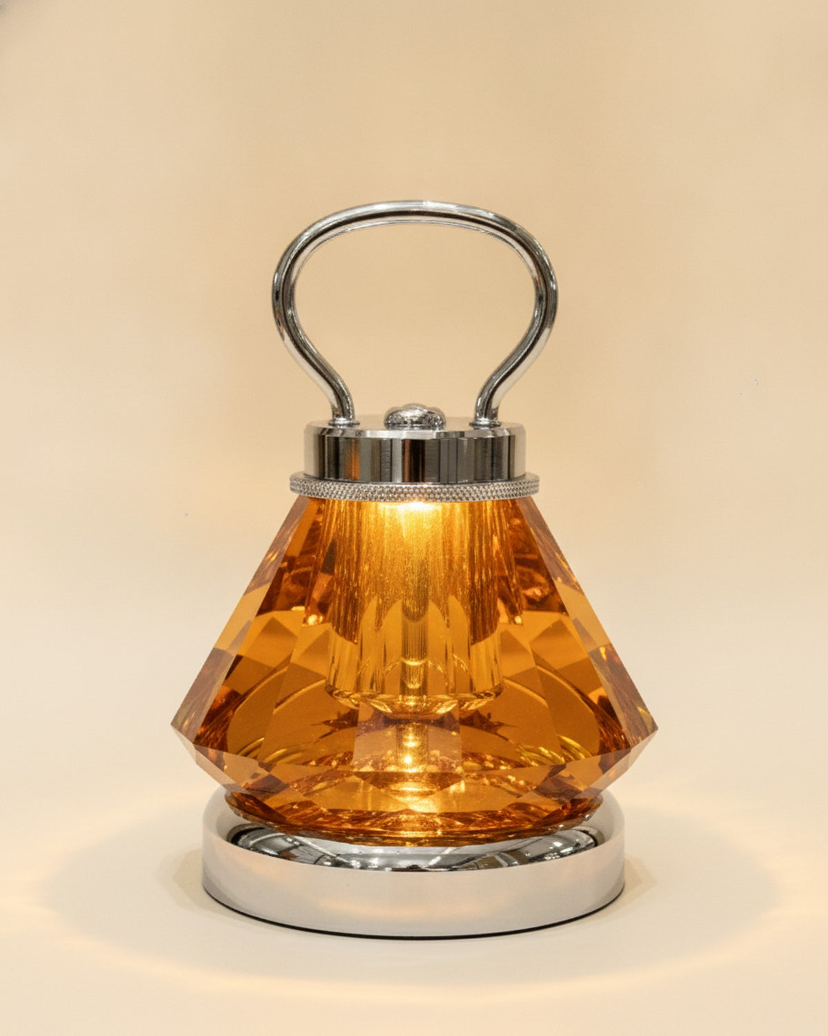 2658-L Topaz Amber Tapered Faceted Crystal Lamp with Handle on warm ivory backdrop