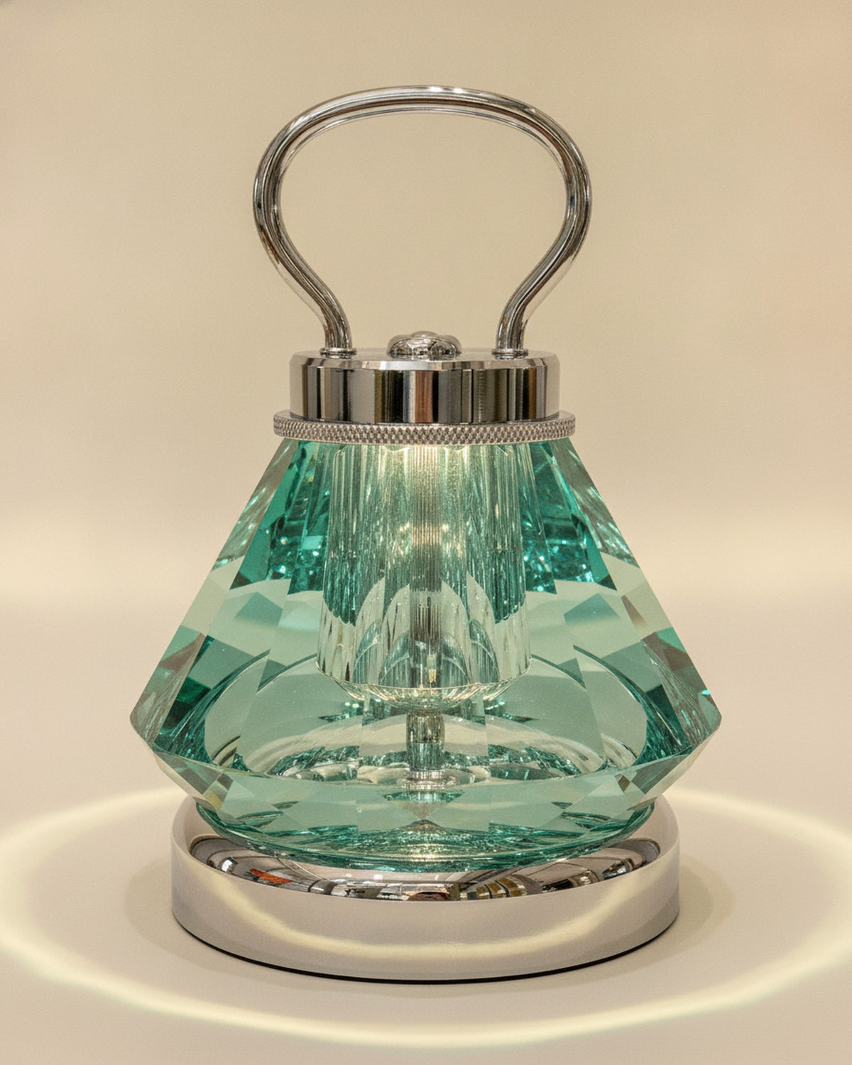 2658-L Aqua Green Tapered Faceted Crystal Lamp with Handle on warm ivory backdrop