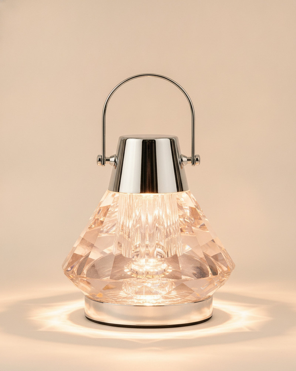2658-L Blush Pink Tapered Faceted Crystal Lamp with Handle on warm ivory backdrop