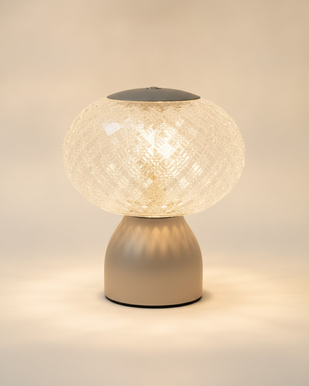 Brilliance 822M Satin Grey faceted crystal sphere ambient lamp on warm ivory backdrop
