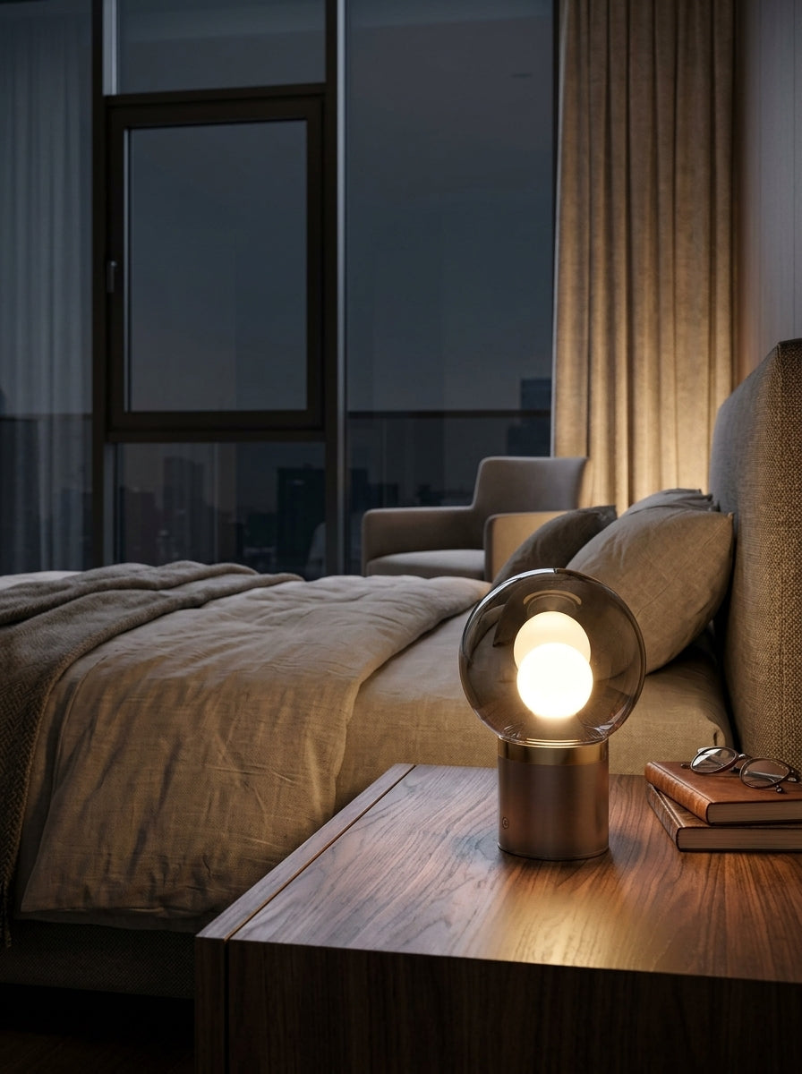 Celeste Cordless Orb Crystal Table Lamp glowing softly on a walnut bedside nightstand