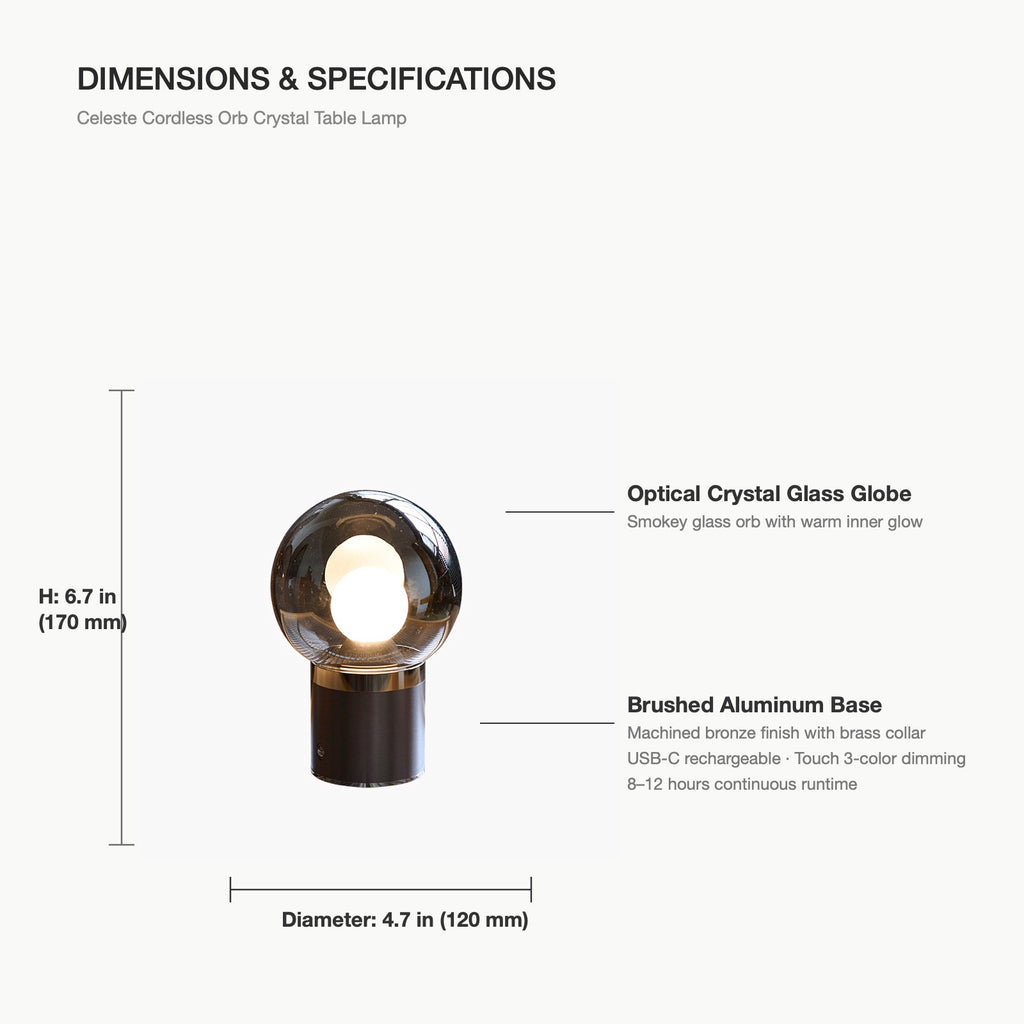 Dimensions and specifications diagram of Celeste Cordless Orb Lamp - 6.7 in height by 4.7 in diameter