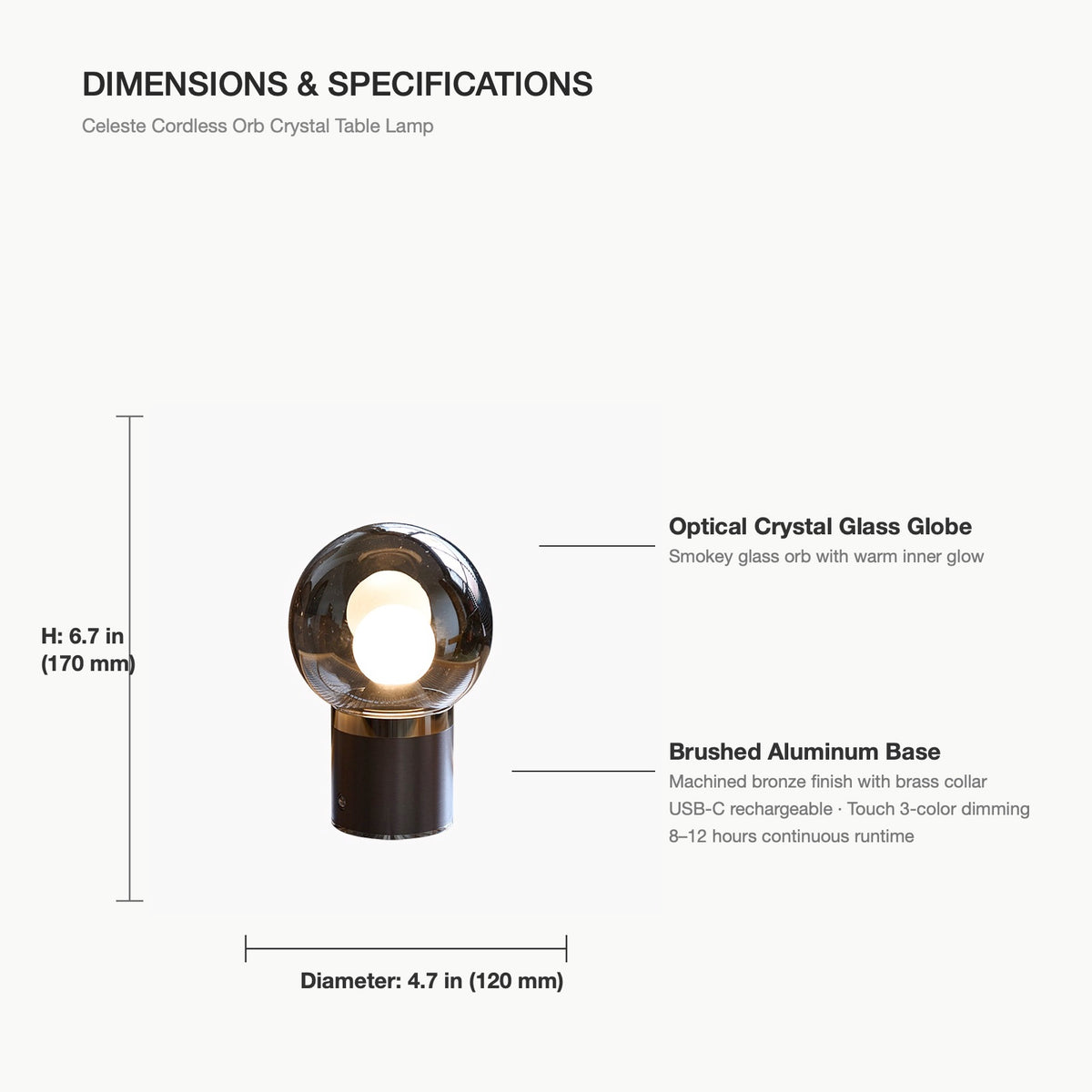 Dimensions and specifications diagram of Celeste Cordless Orb Lamp - 6.7 in height by 4.7 in diameter