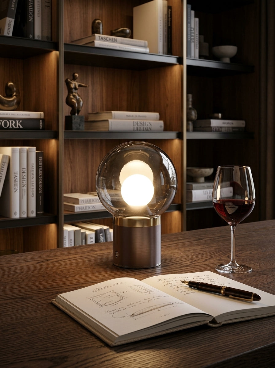 Celeste Cordless Orb Crystal Lamp on dark oak study desk with warm ambient bookshelf lighting