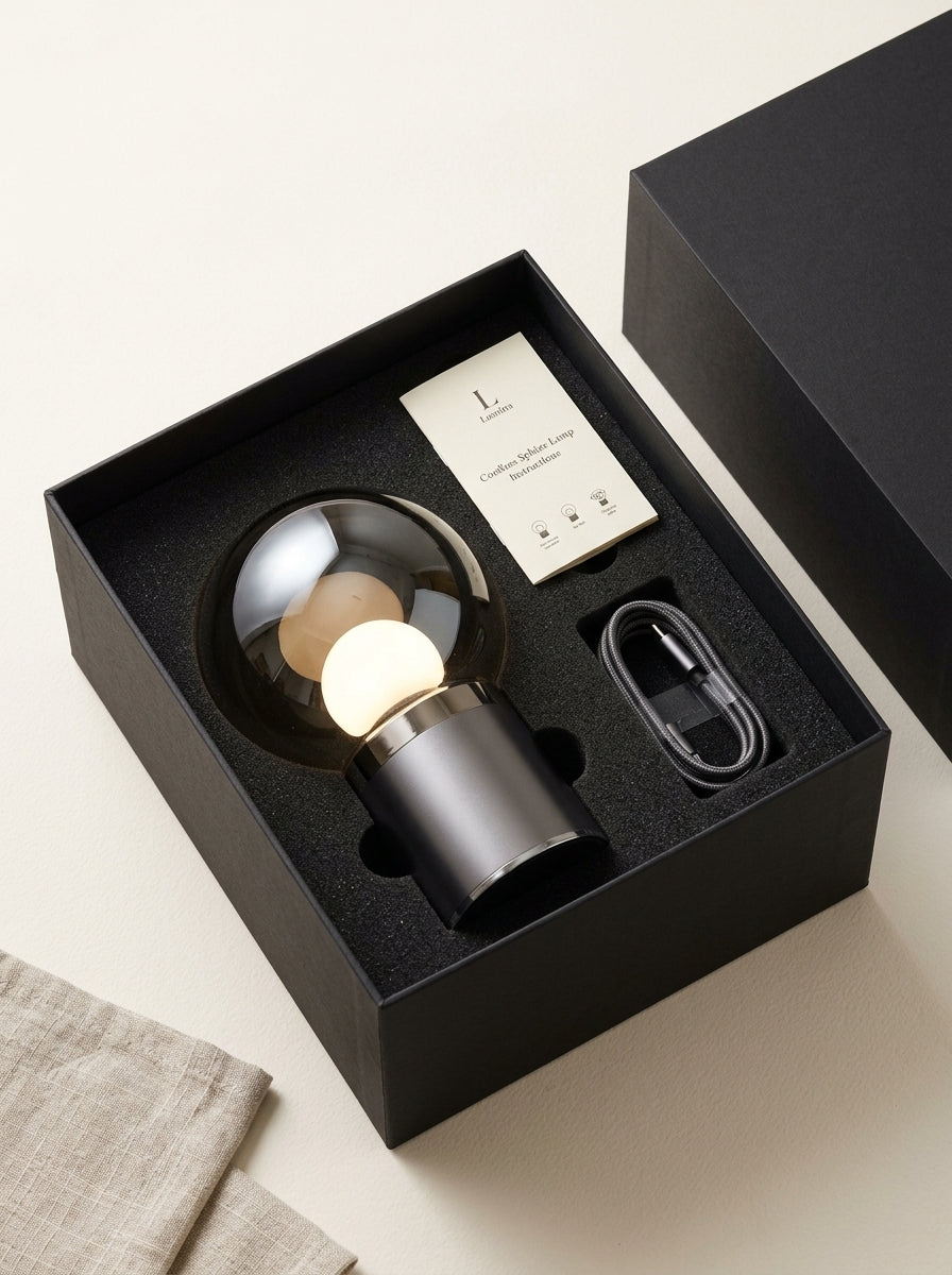 Unboxing the Celeste Crystal Lamp inside luxury matte black gift box with EVA foam insert and USB-C cable